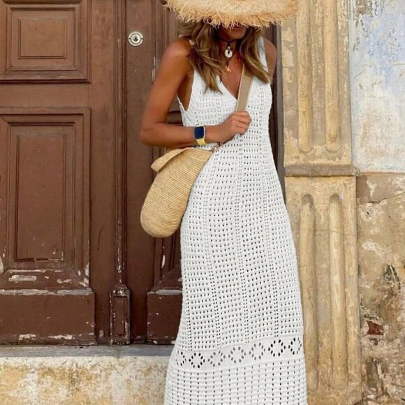 . Dresses & Skirts - White Sexy Women's Casual Hollow Out Knit Sleeveless Sweater Maxi Dress